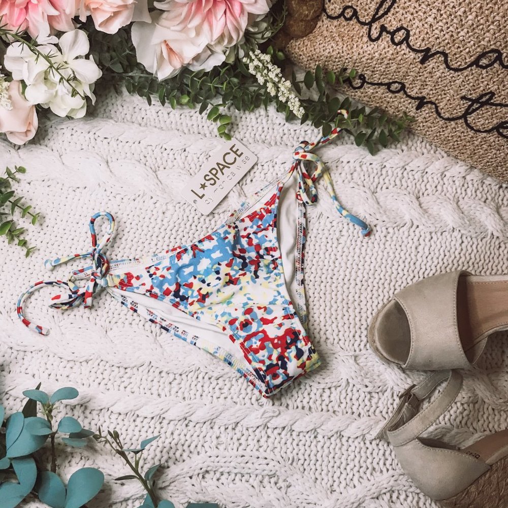 L Space Red Blue Cinched Bikini Bottom Side Tie XS